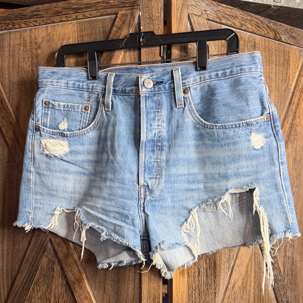 Levi's Light Blue Distressed High-Rise Denim Shorts